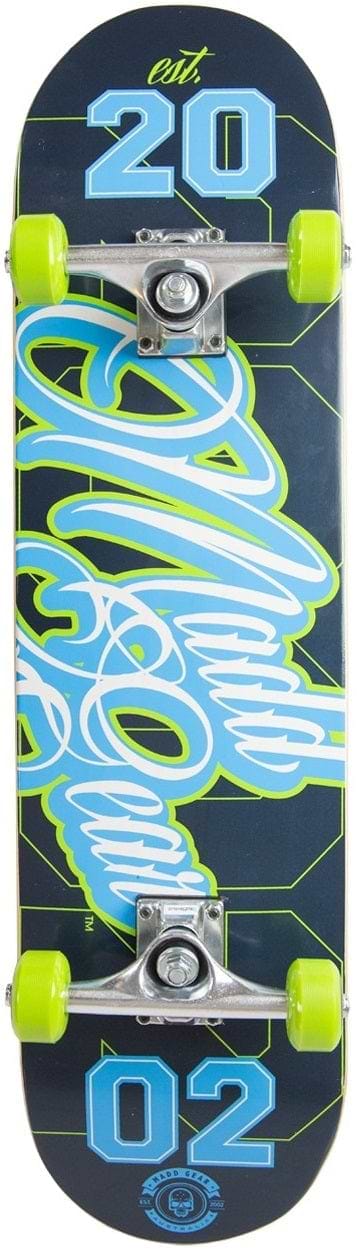 The Madd Gear MGP Pro Series Gameplay Blue / Green Complete Skateboard, measuring 8" x 31", is a perfect choice for the skatepark. This skateboard features bright green wheels and a bold design with a primarily dark deck. It showcases “2002” in large blue numbers and includes stylized white and green text running through the center, all crafted with quality components by Madd Gear (MGP).