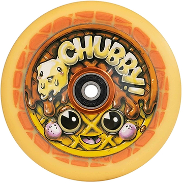 Introducing the Chubby 110mm Hollowcore Stunt Scooter Wheel - Waffle, a vibrant wheel from the Chubby brand featuring a colorful hydrographic design. This eye-catching wheel boasts a cartoon-style waffle pattern adorned with melting butter and syrup graphics, complete with big eyes and prominently displays the bold "CHUBBY" branding. Its striking orange-yellow hue makes it stand out in style.