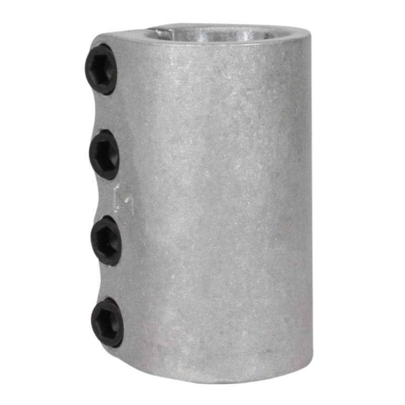 A metallic cylinder with four hexagonal black screws aligned vertically on one side. The surface is smooth and gray, showing slight signs of wear. Open at both ends, it resembles the Native Stem 4 Bolt SCS Standard Scooter Clamp - Raw from Native, suggesting its use as a sturdy connector or stem clamp for street riding.