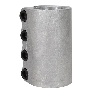 A metallic cylinder with four hexagonal black screws aligned vertically on one side. The surface is smooth and gray, showing slight signs of wear. Open at both ends, it resembles the Native Stem 4 Bolt SCS Standard Scooter Clamp - Raw from Native, suggesting its use as a sturdy connector or stem clamp for street riding.
