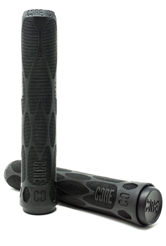 A pair of black CORE Pro Stunt Scooter Grips, each measuring 170mm, featuring a textured surface with "CORE" engraved on them. Designed with a shock-absorbing compound for superior impact protection, one grip stands upright while the other rests horizontally, making them ideal for stunt scooter enthusiasts seeking enhanced grip performance.