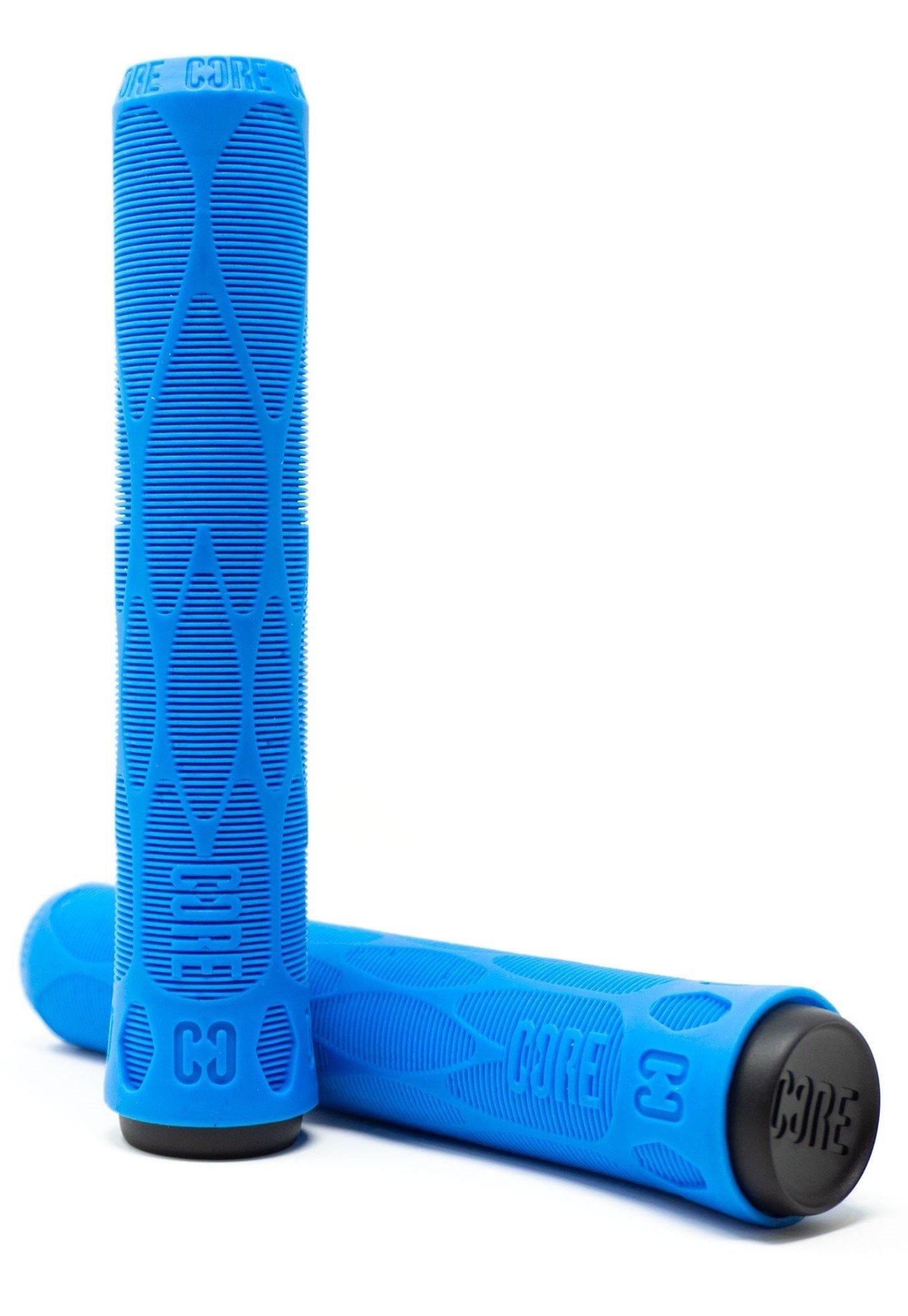 Introducing the CORE Pro Blue Stunt Scooter Grips - 170mm by CORE, designed for ultimate performance and style. These grips feature a blue color with black end caps and are perfect for stunt scooters. They showcase a textured geometric pattern that enhances grip while offering impact protection through a shock-absorbing compound. The text "CORE" and "C3" is embossed on them, adding to their sleek appearance, with one grip standing upright while the other lies horizontally.