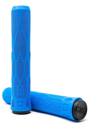 Introducing the CORE Pro Blue Stunt Scooter Grips - 170mm by CORE, designed for ultimate performance and style. These grips feature a blue color with black end caps and are perfect for stunt scooters. They showcase a textured geometric pattern that enhances grip while offering impact protection through a shock-absorbing compound. The text "CORE" and "C3" is embossed on them, adding to their sleek appearance, with one grip standing upright while the other lies horizontally.