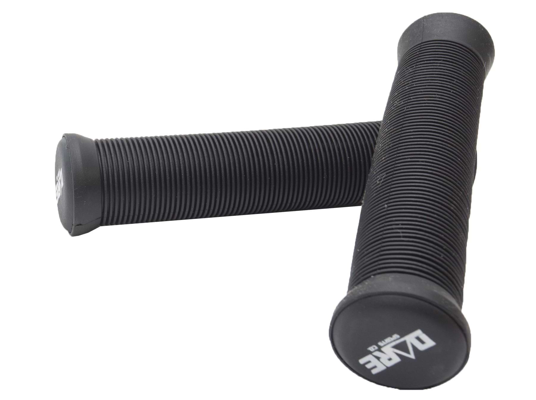 A pair of black Dare Trooper Stunt Scooter Grips, each measuring 140mm and featuring the "DARE" logo on the end cap, are crossed. These flangeless grips are designed to provide a comfortable and secure hold, making them an ideal replacement option for scooter enthusiasts seeking reliable performance.