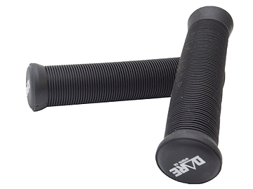 A pair of black Dare Trooper Stunt Scooter Grips, each measuring 140mm and featuring the "DARE" logo on the end cap, are crossed. These flangeless grips are designed to provide a comfortable and secure hold, making them an ideal replacement option for scooter enthusiasts seeking reliable performance.
