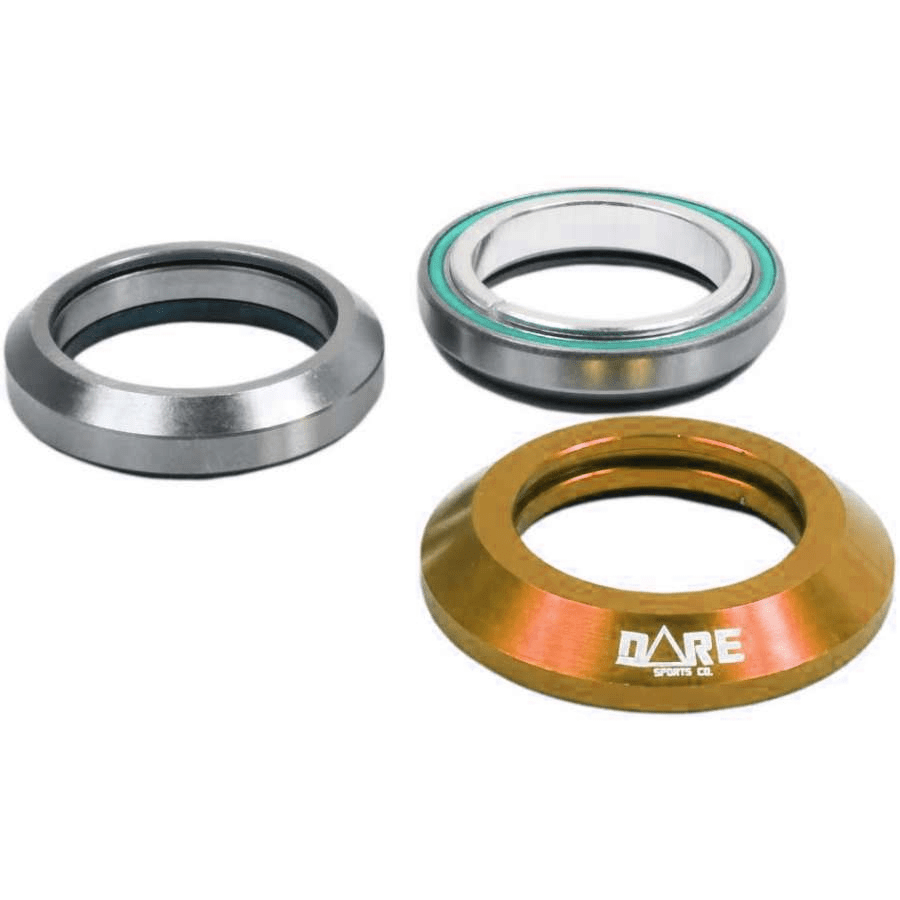 The product lineup includes three metallic bicycle headset bearings with integrated designs: one in silver with black accents, another in silver with a green ring, and the third featuring a gold finish inscribed with the "DARE" logo. Each model comes equipped with sealed bearings to ensure smooth performance.