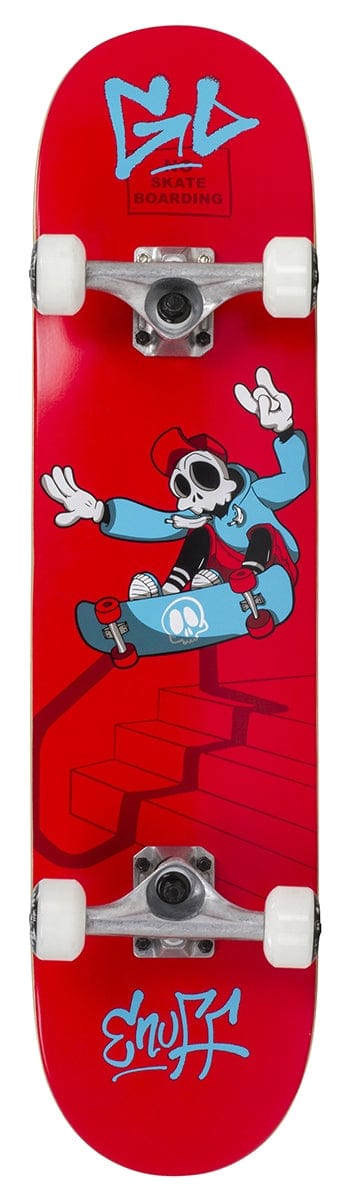 The Enuff Skully Red Mini Complete Skateboard - 7.25" x 29.5" from Enuff features a striking red 7-ply maple deck with white wheels, displaying a cartoon character in a blue and red outfit giving a peace sign. Perfect for beginner skaters, it is adorned with stylized graphics and text in blue and white.