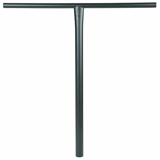 The Madd Gear MGP MFX BAMF Titanium Oversized HIC Stunt Scooter Bar in Matt Black features a sleek T-shaped design with a long vertical stem and horizontal grip bar. Crafted for strength and style, this 660mm x 685mm handlebar is perfect for those who seek durability and elegance in their ride.