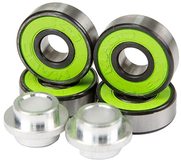 A pack of four Madd Gear MGP K-3 ABEC 11 green scooter bearings is arranged alongside two silver, cylindrical axle spacers. Imprinted with "K3 MAD," these high-precision wheel bearings are showcased in a close-up image with shining components.