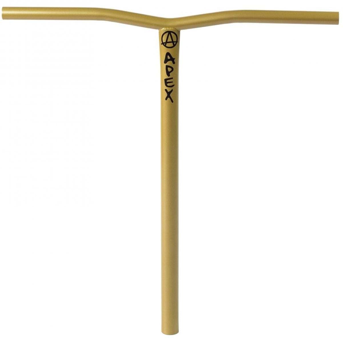 The Apex Bol Steel Oversized HIC Stunt Scooter Bars in gold feature a T-shaped design crafted from robust 4130 Chromoly steel with a sleek powder-coated finish. Sporting the "APEX" brand name and an anarchy symbol in black, these bars have a slightly angled top section to enhance grip and control.