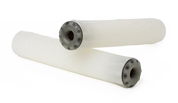 Two white cylindrical filters with dark gray ends, made from thermoplastic rubber for improved durability, are arranged diagonally against a plain white background. The filters feature a textured pattern resembling the Ethic DTC Clear Stunt Scooter Grips - 170mm.