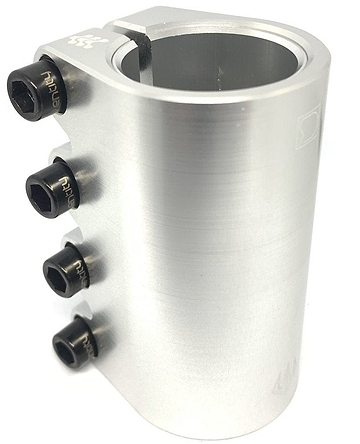 Close-up of the Entity Bios 4 Bolt Oversized SCS Stunt Scooter Clamp in raw silver, featuring four black screws on its side. The circular opening highlights a smooth, polished finish, complemented by titanium M8 bolts for added durability and sleek design.