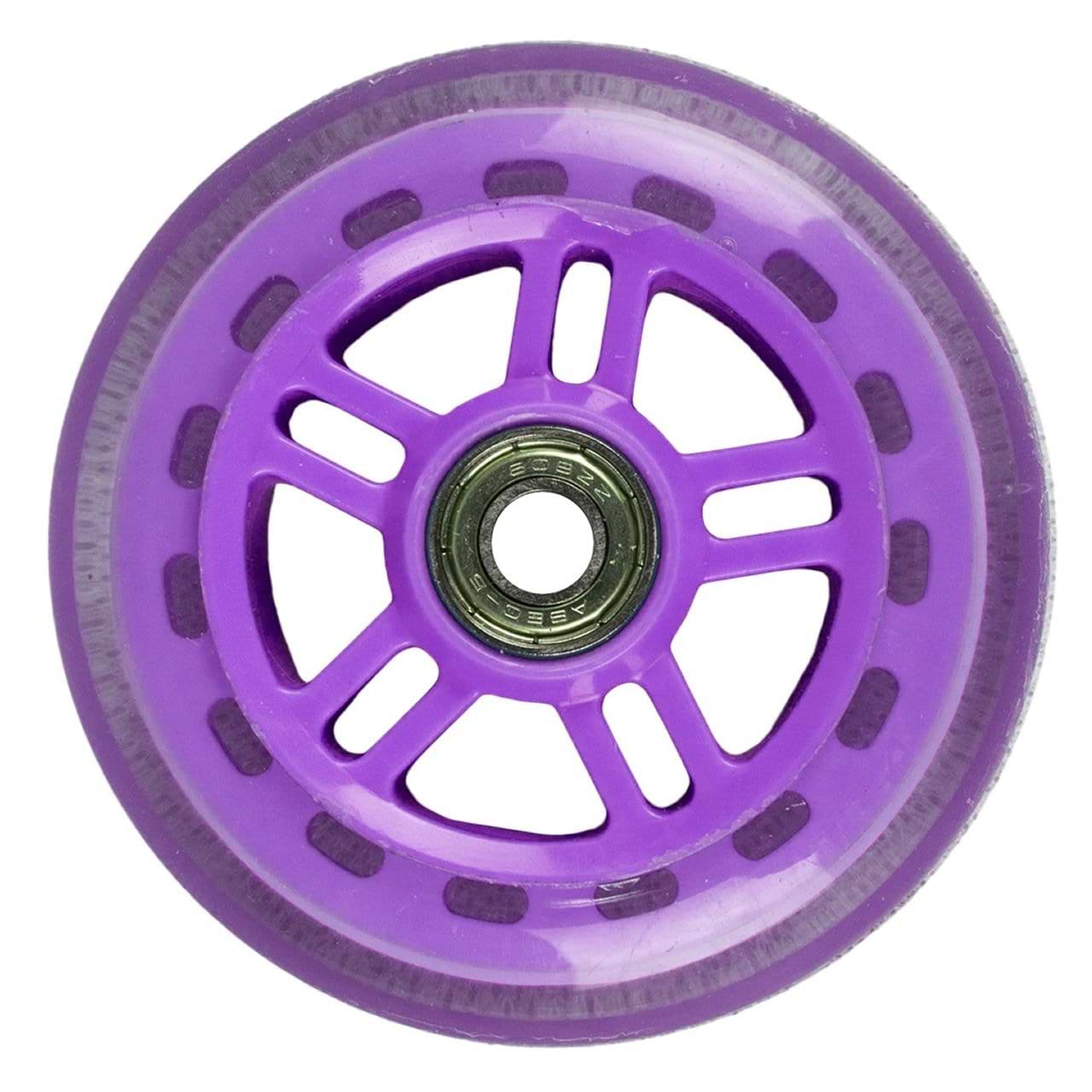 The JD Bug Original Street 100mm Scooter Wheel in purple showcases a close-up view, highlighting its translucent outer edge, spoke-like design, ABEC 5 bearings, and visible metal core, all embodying JD Bug's signature style.