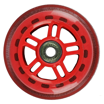 Close-up of a JD Bug Original Street 100mm Scooter Wheel in red, showcasing its core with ABEC 5 bearings. The wheel includes rectangular cutouts around the hub, subtly exposing the metal inside. Its smooth outer surface shows minimal wear, ensuring a sleek ride.