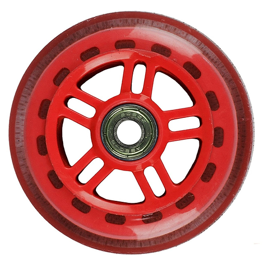 Close-up of a JD Bug Original Street 100mm Scooter Wheel in red, showcasing its core with ABEC 5 bearings. The wheel includes rectangular cutouts around the hub, subtly exposing the metal inside. Its smooth outer surface shows minimal wear, ensuring a sleek ride.