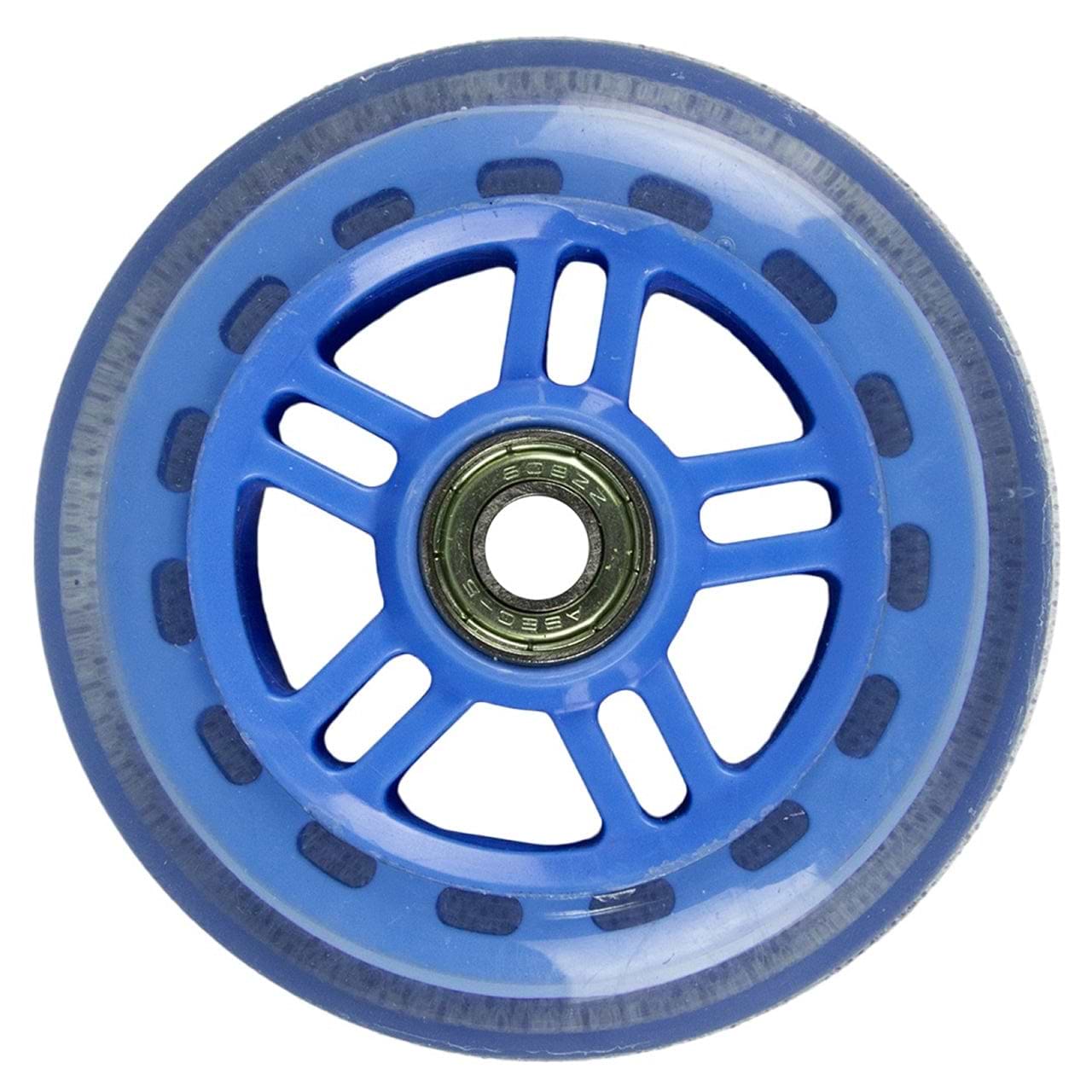 A close-up image of a JD Bug Original Street 100mm Scooter Wheel in Sky Blue, showcasing its ABEC 5 bearing at the center. The wheel is designed with multiple spokes and features a transparent outer edge.