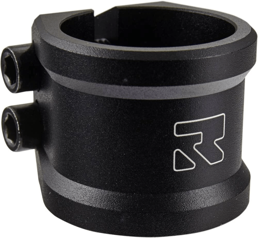 The Root Industries Lithium 2 Bolt Oversized Stunt Scooter Clamp in black is constructed from aircraft-grade aluminum and includes two hex screws on the side. It displays a white logo with a stylized "R" and features a circular opening designed for compression-tight securing of cylindrical objects.