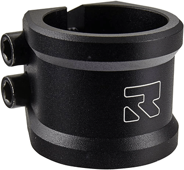 The Root Industries Lithium 2 Bolt Oversized Stunt Scooter Clamp in black is constructed from aircraft-grade aluminum and includes two hex screws on the side. It displays a white logo with a stylized "R" and features a circular opening designed for compression-tight securing of cylindrical objects.