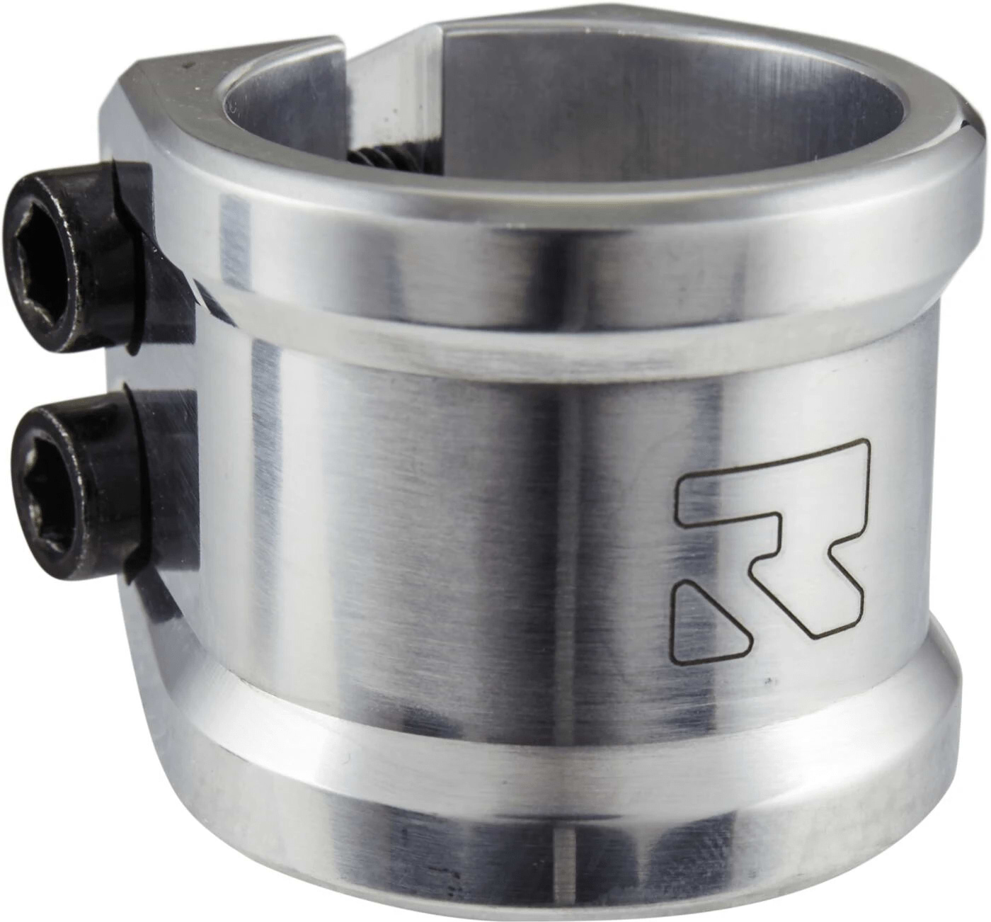 Close-up of the Root Industries Lithium 2 Bolt Oversized Stunt Scooter Clamp in Chrome Silver, crafted from aircraft-grade aluminum with a sleek, polished finish. It includes two black screws on the side and has an engraved Root Industries logo on the front, giving it a sturdy and compact appearance.