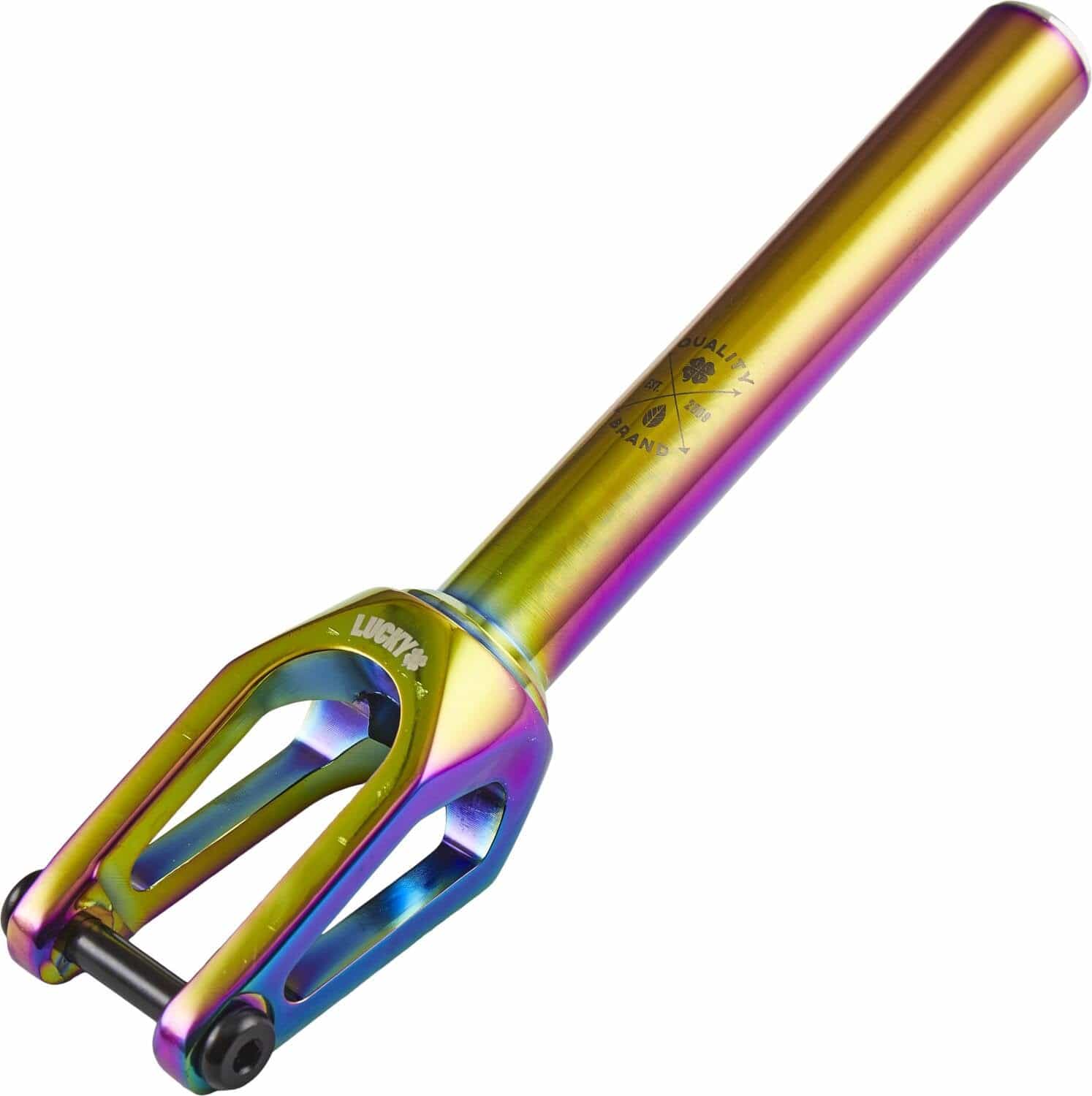 Introducing the Lucky Huracan V2 IHC Stunt Scooter Fork in Neochrome, featuring a vibrant rainbow-colored design with sleek metallic hues of gold, pink, blue, and green. Compatible with 120mm wheels, this fork boasts intricate details alongside the distinctive Lucky branding engraved on its surface.