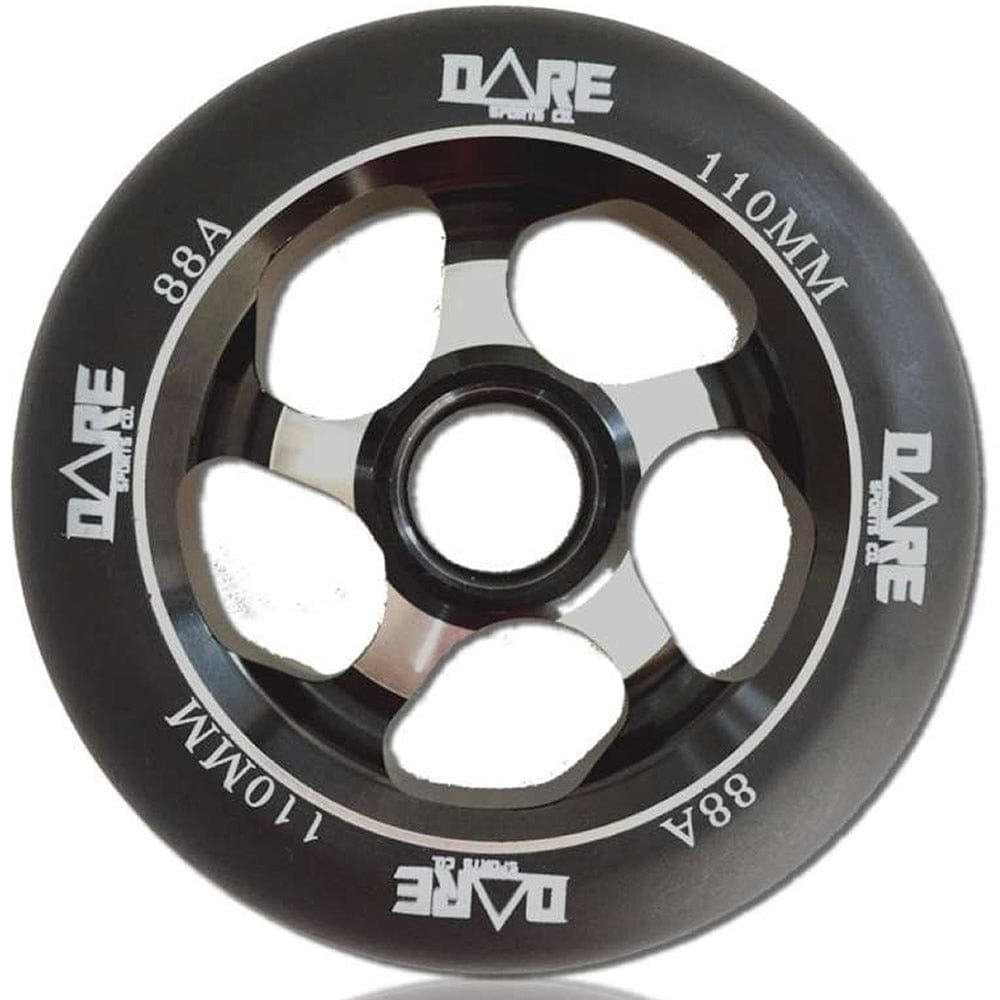 The Dare Motion 110mm Stunt Scooter Wheel in black features an aluminum core and is adorned with white "DARE," "88A," and "110MM" text. This 88a polyurethane wheel boasts a sleek five-spoke design.