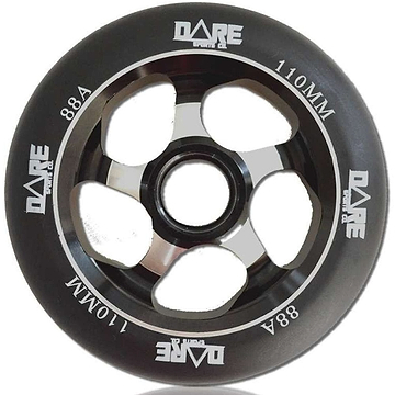 The Dare Motion 110mm Stunt Scooter Wheel in black features an aluminum core and is adorned with white "DARE," "88A," and "110MM" text. This 88a polyurethane wheel boasts a sleek five-spoke design.