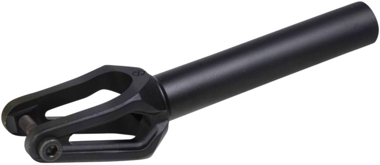 The Native Stem SCS/HIC Stunt Scooter Fork in black is a stylish metal fork designed for beginner riders. It includes two open prongs and a cylindrical neck for easy attachment, making it perfect for street riding.