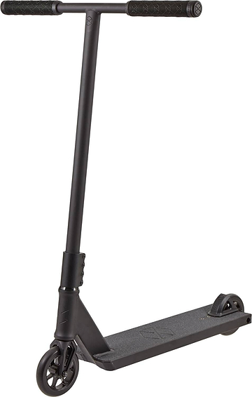 The Native Stem L 560mm Complete Stunt Scooter in black features a T-shaped handlebar, textured grips, and a flat deck. Shown at a slight angle on a white background, it's ideal for beginners learning smooth freestyle tricks.