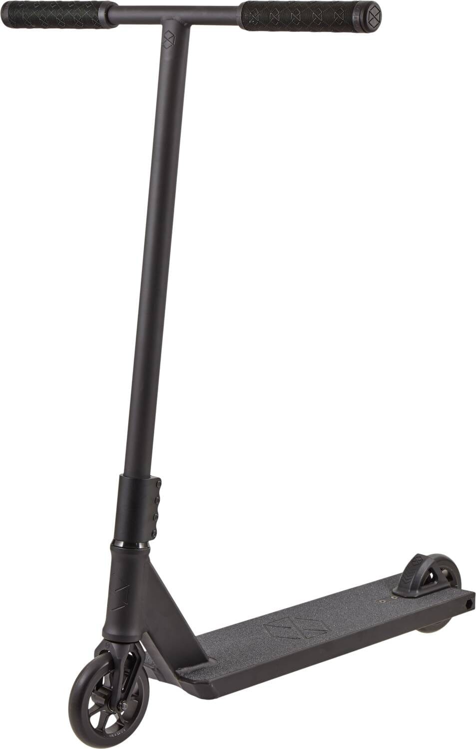 The Native Stem 495mm S Complete Stunt Scooter in black features a T-shaped handlebar, textured grips, small wheels, and a flat deck—ideal for beginners learning new tricks.