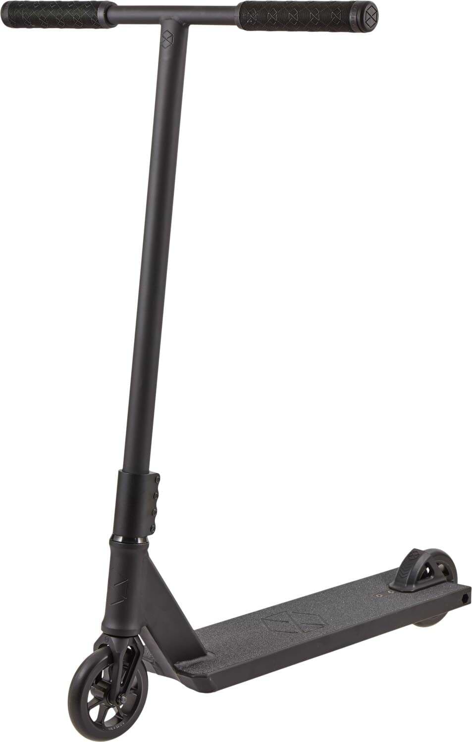 The Native Stem 560mm XL Complete Stunt Scooter - Black features a T-bar, textured grips, small wheels, and a flat deck—perfect as a street scooter or for tall riders.