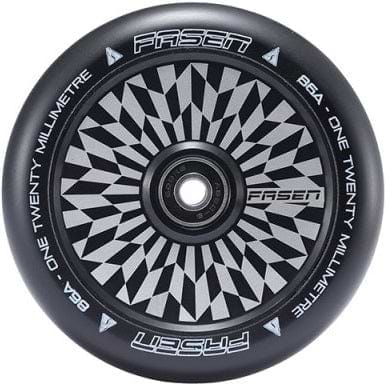 The Fasen Hypno Offset 120mm Stunt Scooter Wheel in black exemplifies the signature style of Fasen wheels. It features a geometric black and white patterned core with "FASE7" and "ONE TWENTY MILLIMETRE" inscribed on its lightweight, hollow core design that reveals the central hub.