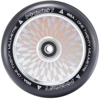 A close-up of the Fasen Hypno Offset 120mm Stunt Scooter Wheel in chrome, showcasing its lightweight design with a geometric core pattern. The rim is black with "FASTEN" and "ONE TWENTY MILLIMETRE" in white around the edge, emphasizing its Hyno Hollow Core feature for enhanced rolling performance. The size is annotated as "864.