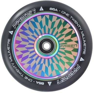 A vibrant wheel for a stunt scooter, the Fasen Hypno Offset 120mm Stunt Scooter Wheel in Neochrome features geometric patterns in blue, green, and purple hues. It includes a black outer edge and silver bearing, with white text on the rim stating "Fasen 86A - One Twenty Millimetre," making it an ideal choice for those who want lightweight yet stylish scooter wheels.