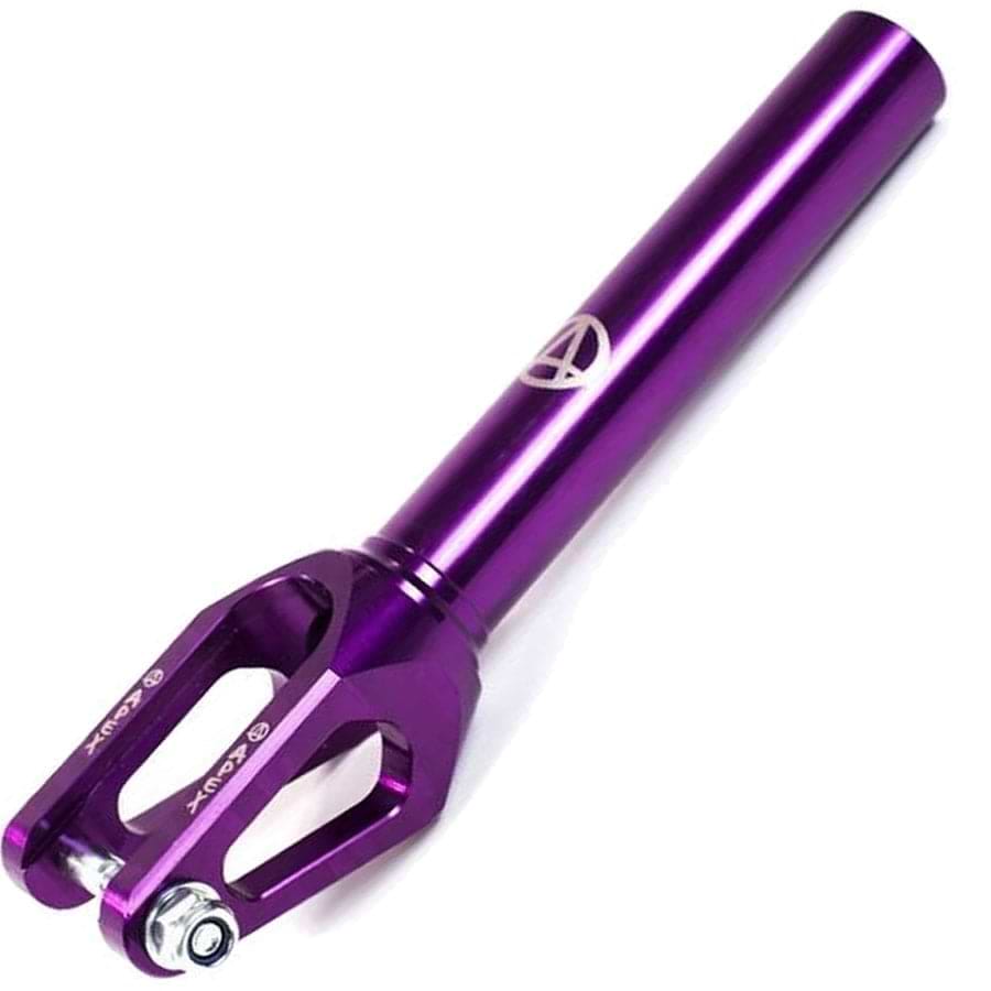 The Apex Quantum SCS/HIC Stunt Scooter Forks - Purple by Apex provide a robust fork upgrade with a sleek, minimalist design. This scooter fork comes in purple and includes a cylindrical stem, reinforced base, and prominently displays the logo near the top.
