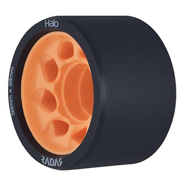 Close-up of a Radar Halo 86A Roller Derby Wheel in charcoal and orange, highlighting its black outer layer and orange inner core. This derby wheel includes an H-shaped hub with the words "Halo" and "Radar" visible, along with the dimensions "59mm x 38mm.
