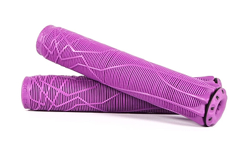 A pair of Ethic DTC Purple Stunt Scooter Grips, each measuring 170mm and crafted from thermoplastic rubber with textured surfaces, displayed in a crisscross layout on a white background.