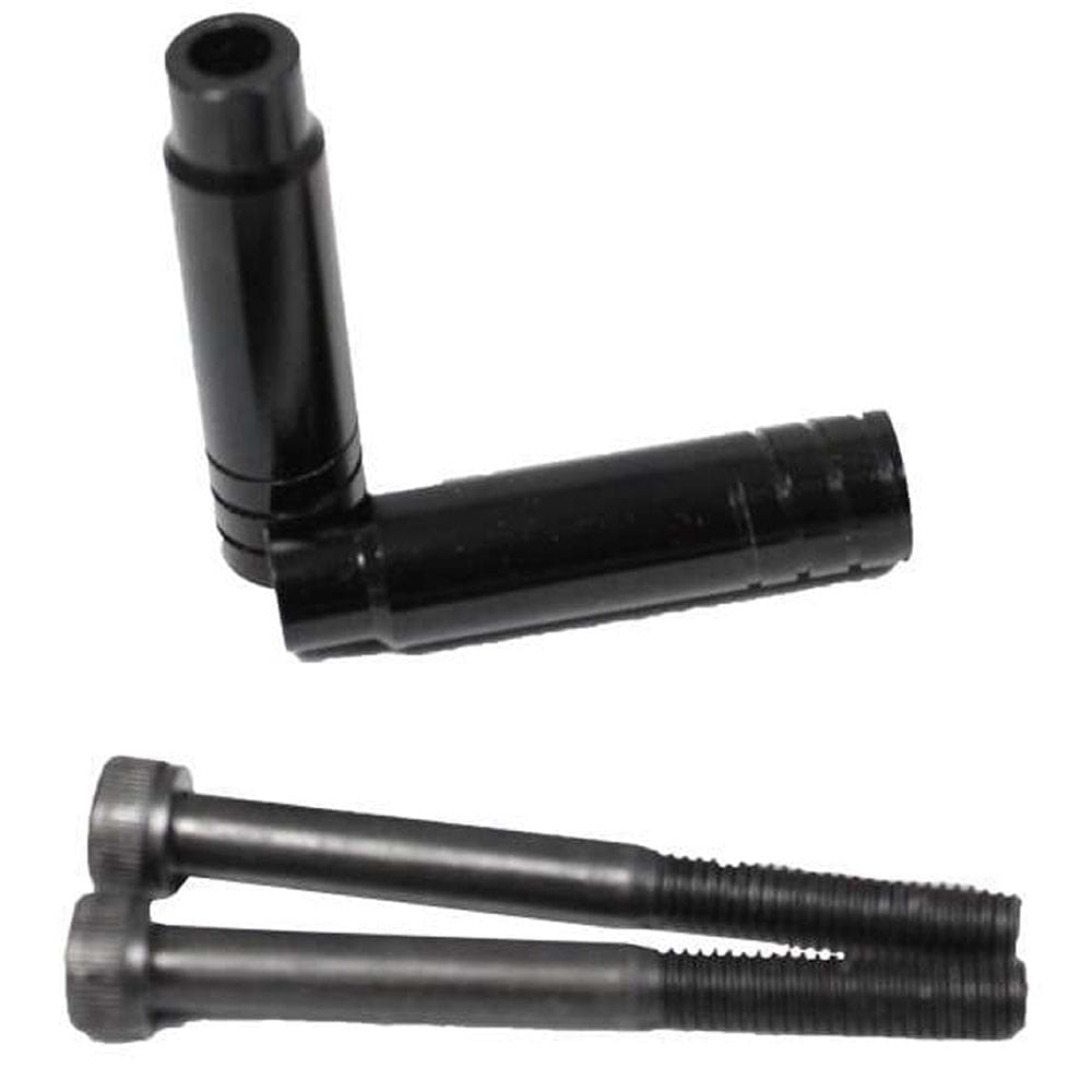 Against a white background, two black brackets and two black screws with threaded ends are displayed. These Dare Sports Mini Stunt Scooter Pegs by Dare are designed for versatility, featuring grooves on their surfaces for enhanced grip or adjustment, making them an ideal addition to any stunt scooter setup.
