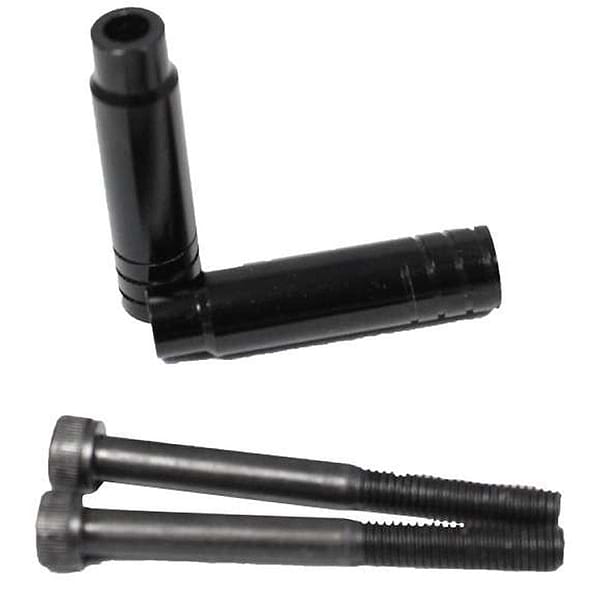 Against a white background, two black brackets and two black screws with threaded ends are displayed. These Dare Sports Mini Stunt Scooter Pegs by Dare are designed for versatility, featuring grooves on their surfaces for enhanced grip or adjustment, making them an ideal addition to any stunt scooter setup.