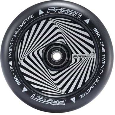 Close-up of a black and white scooter wheel featuring the eye-catching, hypnotic pattern of the Fasen Hypno Square 120mm Stunt Scooter Wheel at its center. The words "Fasen," "86A," and "One Twenty Millimetre" are printed around the edge, highlighting it as the lightest 120mm wheel in its class.