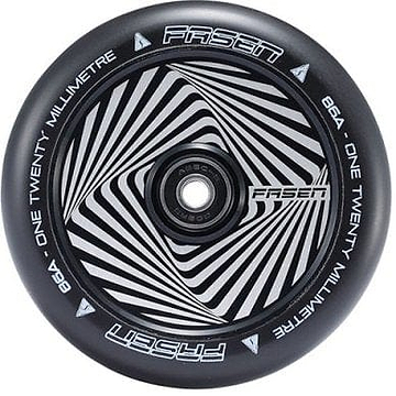 Close-up of a black and white scooter wheel featuring the eye-catching, hypnotic pattern of the Fasen Hypno Square 120mm Stunt Scooter Wheel at its center. The words "Fasen," "86A," and "One Twenty Millimetre" are printed around the edge, highlighting it as the lightest 120mm wheel in its class.