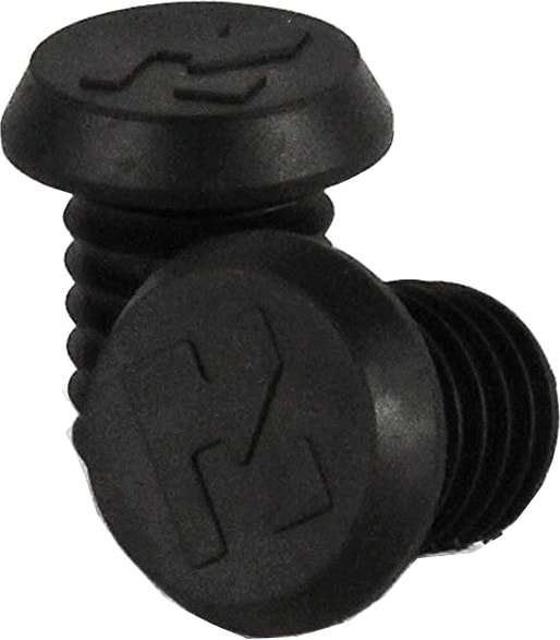 Two Root Industries Standard Bar Ends in black, crafted from plastic with a threaded design and flat tops, feature a raised, stylized letter that resembles an "L" or "7" on each. Positioned at slight angles, these bar ends complement any setup just like Root Industries' steel handlebars enhance any ride.