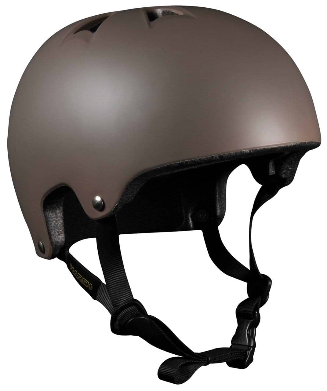 The Harsh EPS Skate / Scooter Helmet in Bronze is designed with a smooth surface and features multi-directional venting holes on top. It is lightweight, includes an adjustable black strap with a buckle, and has a CPSC certification that guarantees safety and comfort during your rides.