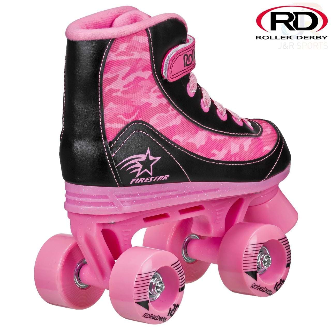 The Roller Derby Firestar V2 Quad Roller Skates in Pink Camo display a striking camouflage pattern with black laces and a star design on the side. They are equipped with vibrant pink polyurethane wheels and have a sturdy black sole. The top right corner features the Roller Derby logo.