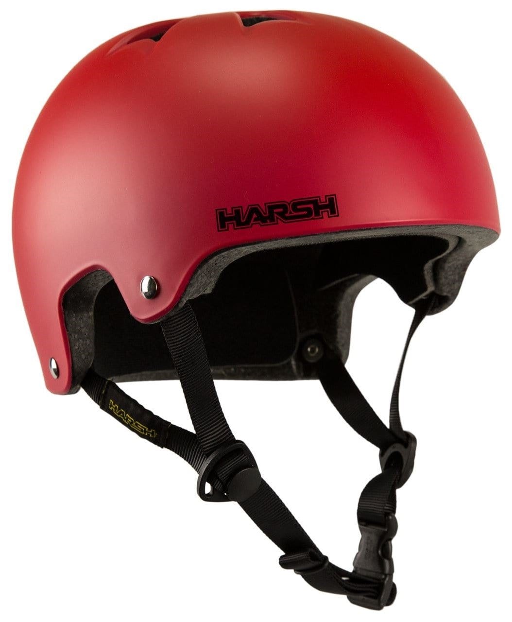 A Harsh EPS Skate / Scooter Helmet in matt red, certified for safety by the CPSC, includes a black adjustable chin strap with the word "HARSH" printed prominently on the front. Its lightweight design incorporates foam padding for comfort and protection, and offers multi-directional venting to keep you cool.