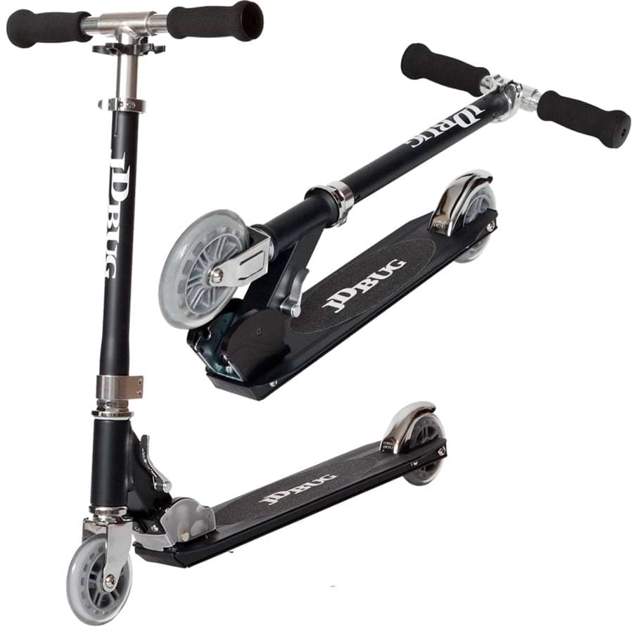 The JD Bug Junior Street MS100 Kids Foldable Kick Scooter in Matt Black features a safe folding mechanism, two silver wheels, black grips on the handlebar, and displays "JD Bug" on the stem and deck. It's shown both upright and folded to highlight its portable design.