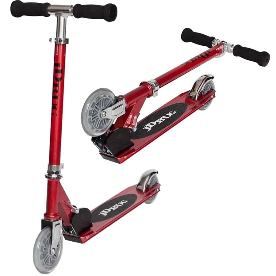The JD Bug Junior Street MS100 Kids Foldable Kick Scooter in Red Glow Pearl features black handlebars, a black grip deck with logo, and two clear wheels. This sleek, portable scooter is perfect for kids, showcased from two angles to highlight its compact design.