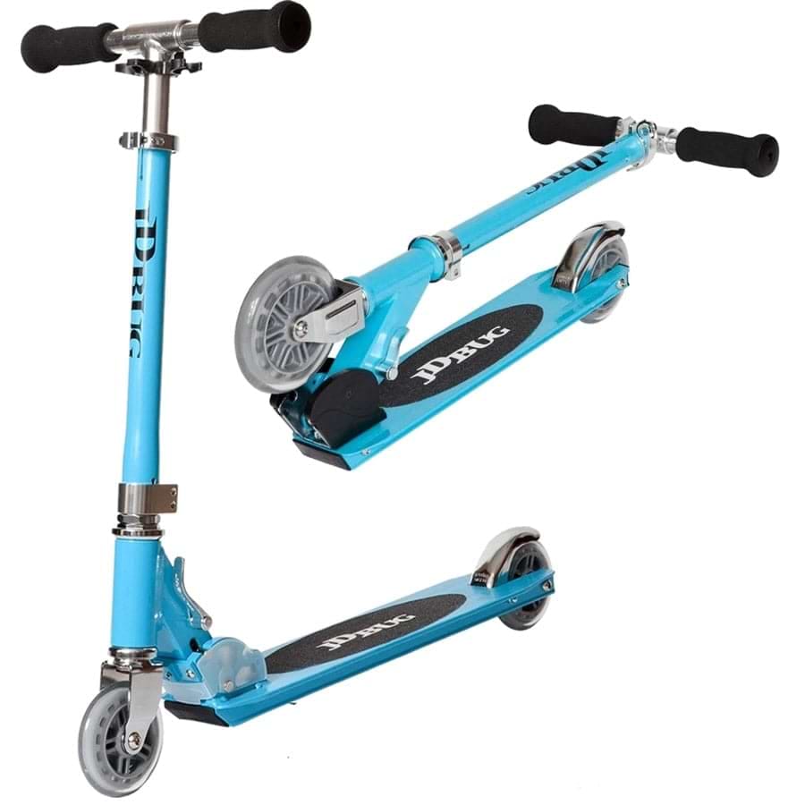 The JD Bug Junior Street MS100 Kids Foldable Kick Scooter in Sky Blue features black grips, a non-slip deck, and two small wheels. Its compact foldable design is highlighted from multiple angles.