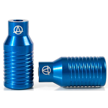 Two blue cylindrical objects, which resemble lightweight Apex Bowie Aluminium Stunt Scooter Pegs from Apex, are set against a white background. Their ridged surfaces display a small engraved "A" within a circle near the top. One stands upright while the other lies horizontally; these are the sleek models from Apex.