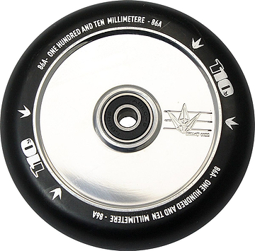 A close-up of a chrome silver scooter wheel highlights the hollowcore technology, with the tire marked "110 millimeter - 86A" for optimal performance. At the center is a star logo, while the Blunt Envy brand name graces the edge, reminiscent of premium wheels.