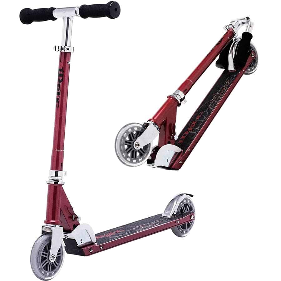 The JD Bug Classic Street 120 Kids Foldable Kick Scooter - Red Glow Pearl is a lightweight red scooter with black grips and deck. It features two gray wheels and can be folded, showcasing both folded and unfolded forms.